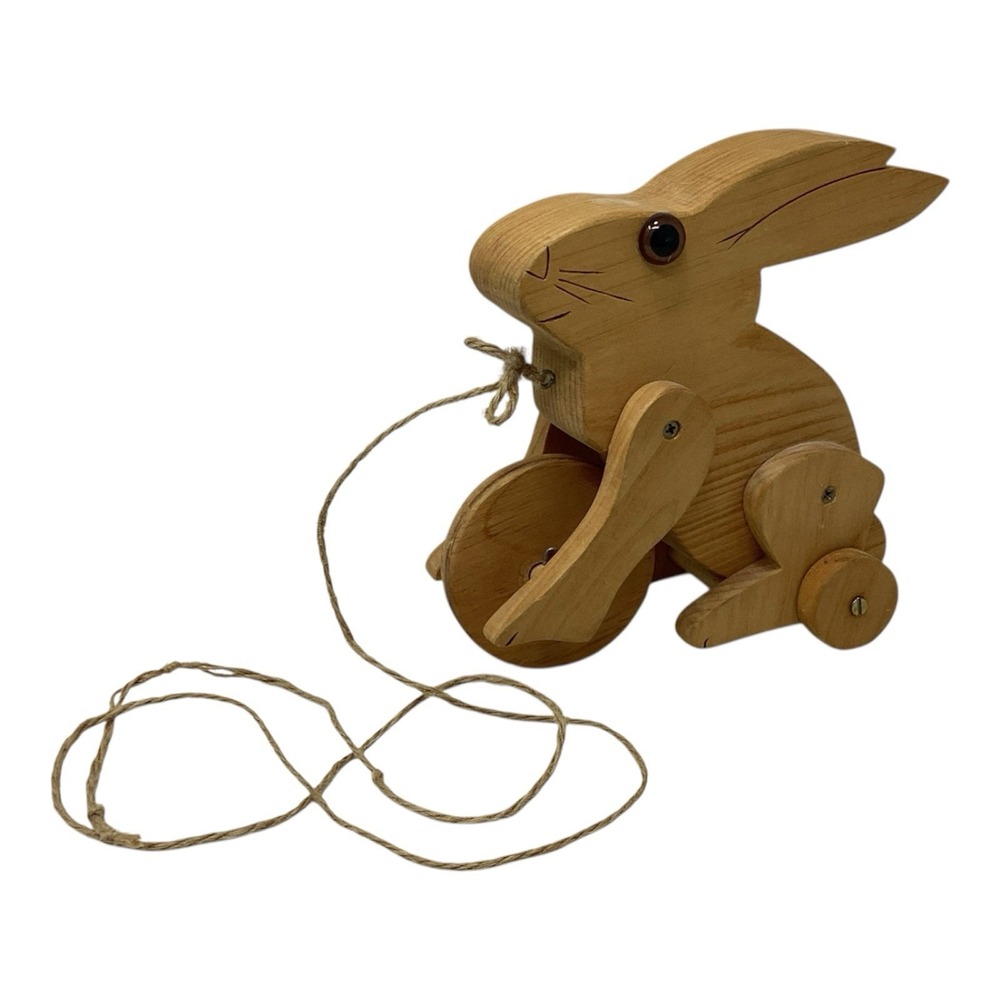 Vintage Pull-Along Toy Natural Wooden Primitive Country Bunny Rabbit 9"x7"